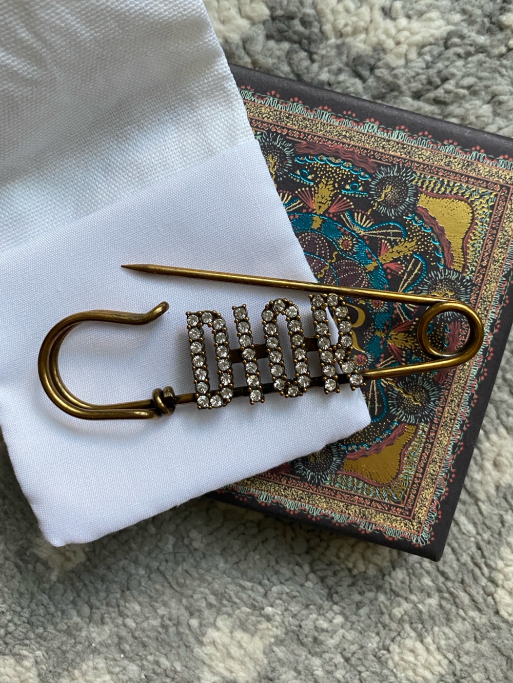 Dior Gold-Tone Crystal Logo Safety Pin Brooch